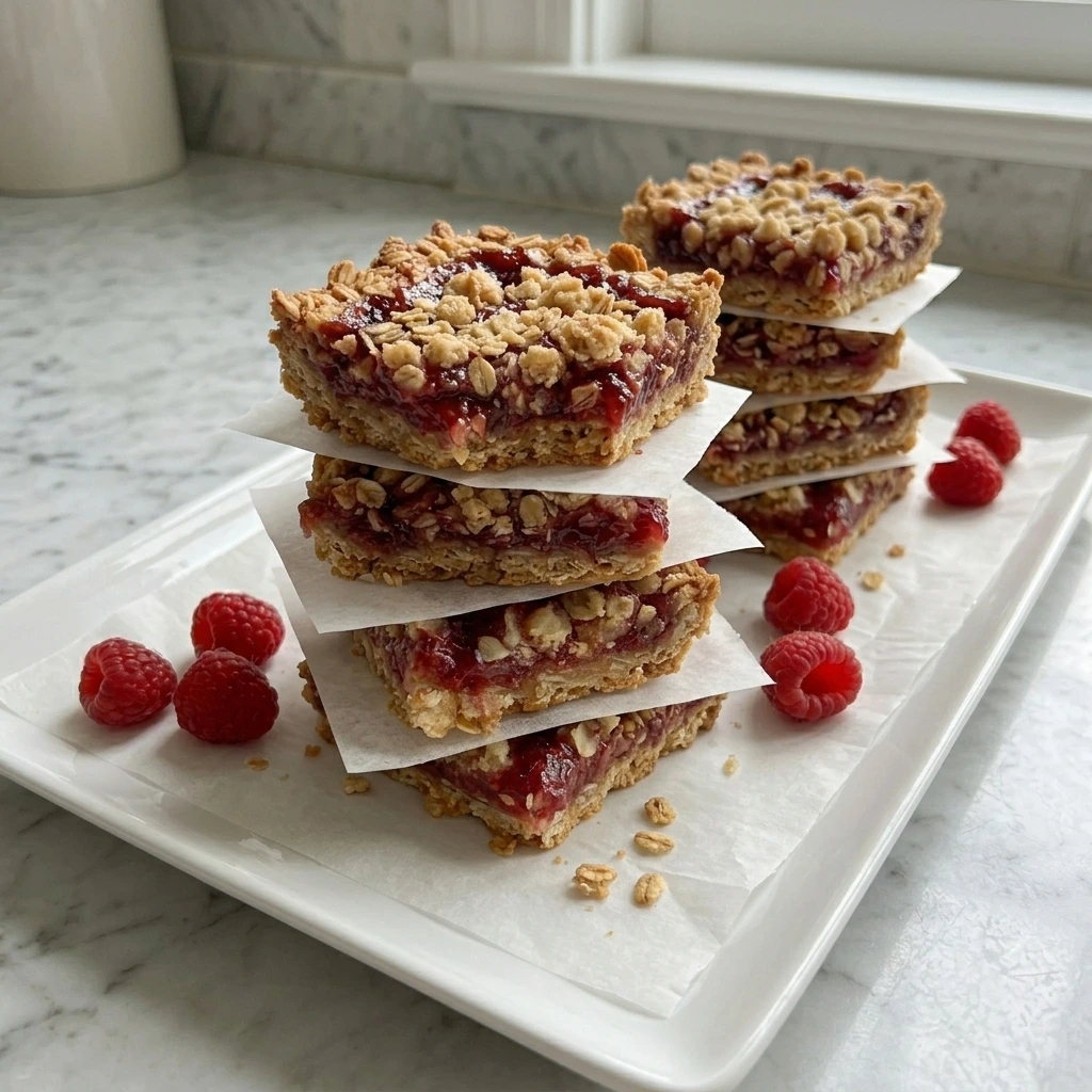 Stacked Raspberry Breakfast Bars with golden oat crumble and glossy raspberry filling.