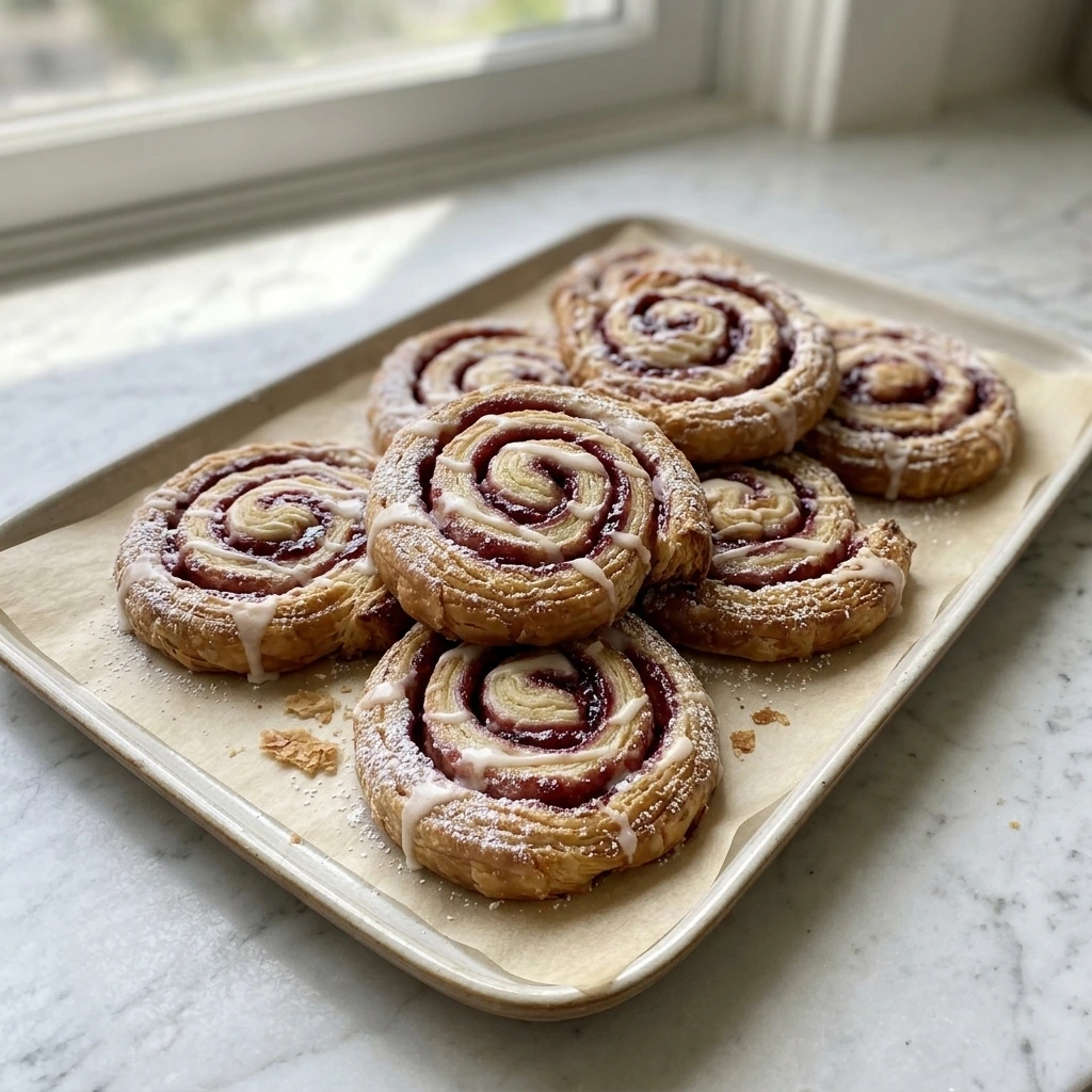 Eight flaky Raspberry Danish pastries with cream cheese, raspberry filling and vanilla glaze.