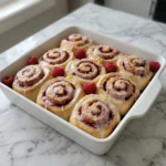 Nine Raspberry Sweet Rolls with white lemon cream cheese glaze, fresh raspberries and lemon zest in a white baking dish.