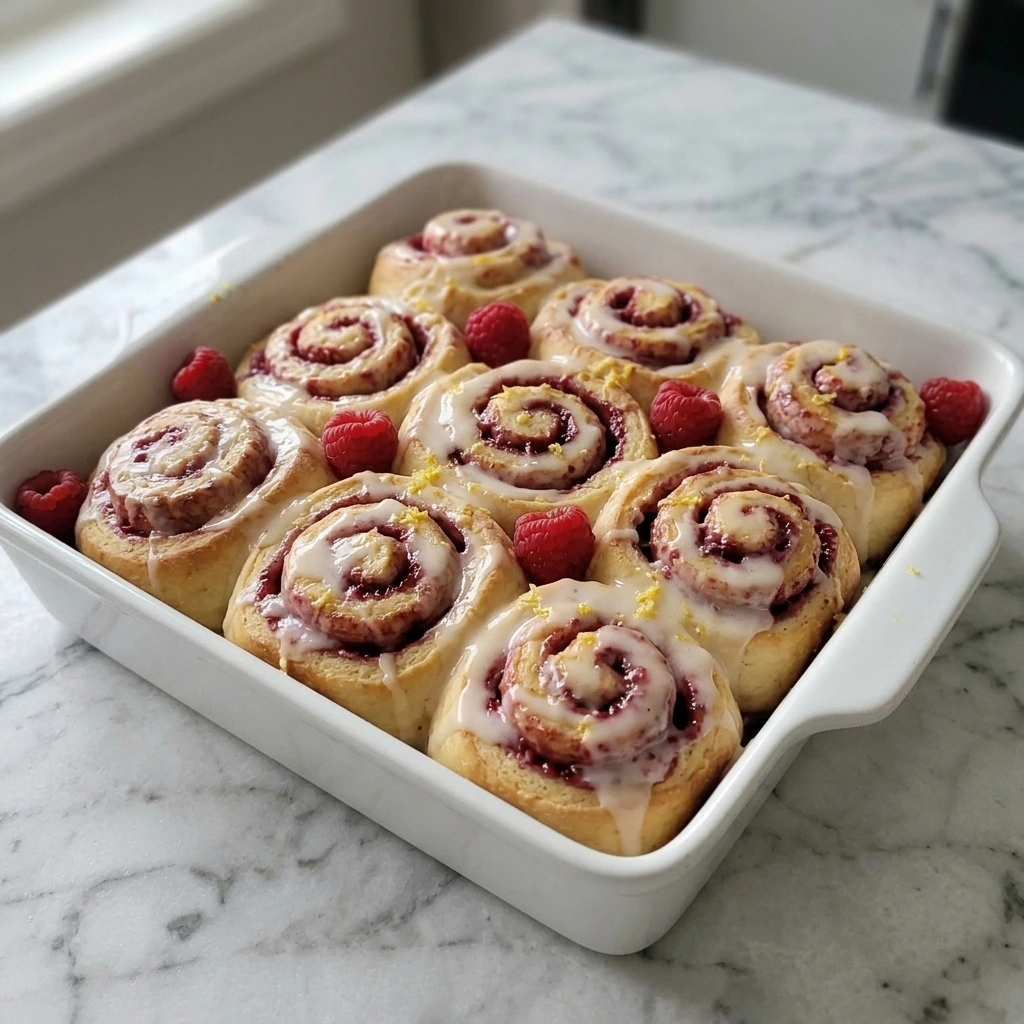 Nine Raspberry Sweet Rolls with white lemon cream cheese glaze, fresh raspberries and lemon zest in a white baking dish.