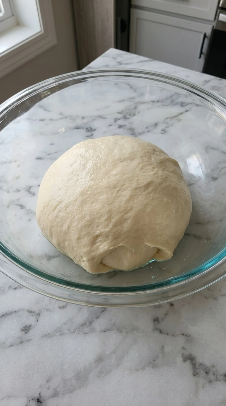 Smooth pale enriched dough for Raspberry Sweet Rolls in a clear glass bowl.