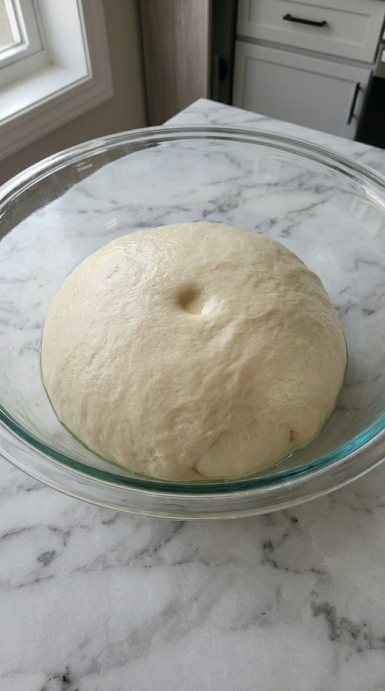 Doubled enriched dough with a rounded dome in a clear glass bowl.