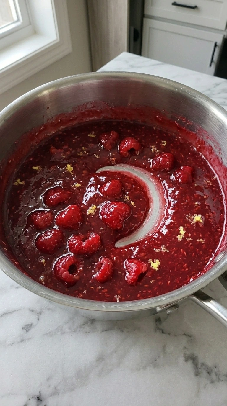 Thick glossy ruby raspberry filling with visible berry pieces in a saucepan.