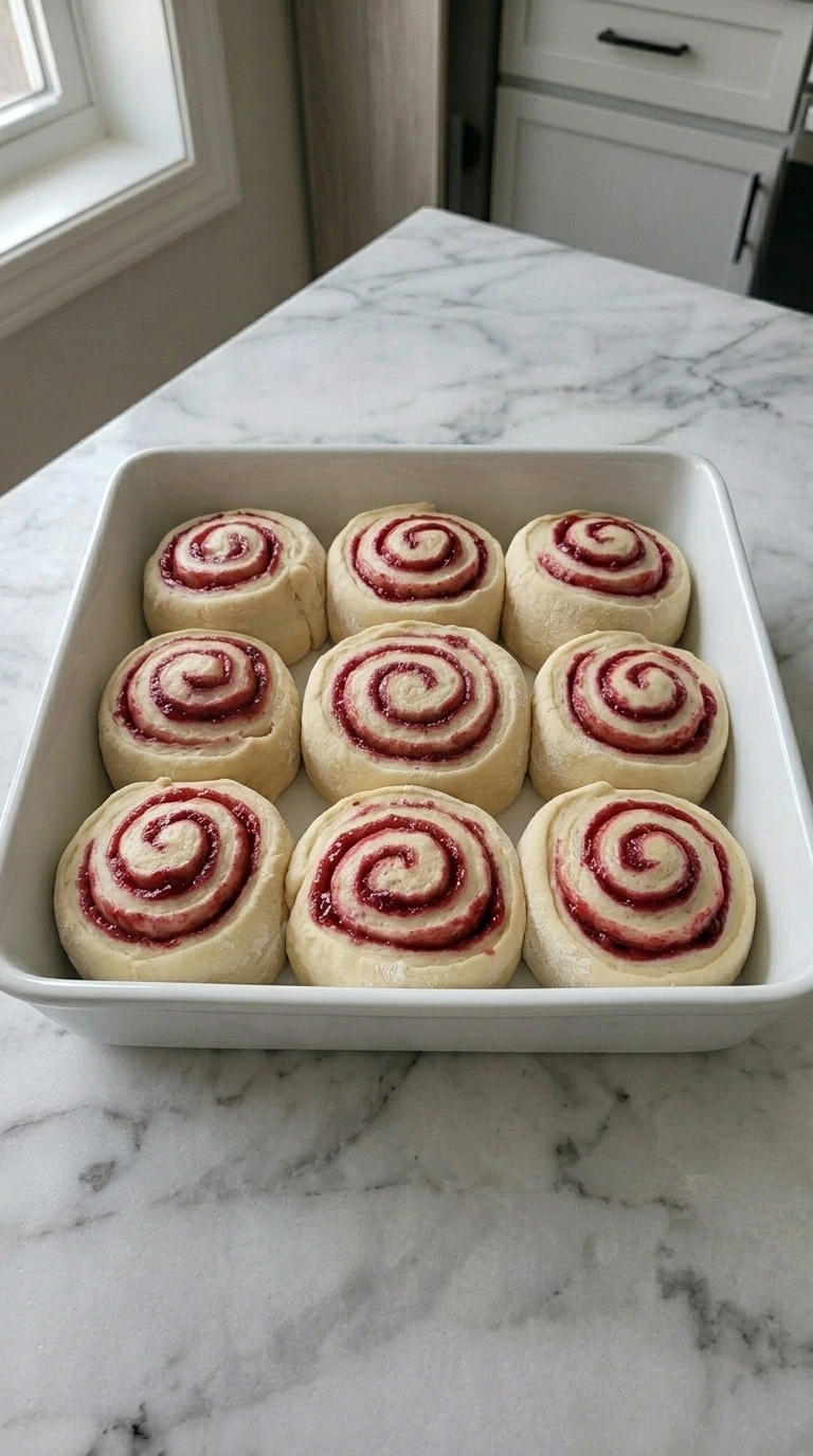 Nine unbaked Raspberry Sweet Rolls with ruby spirals in a white square baking dish.