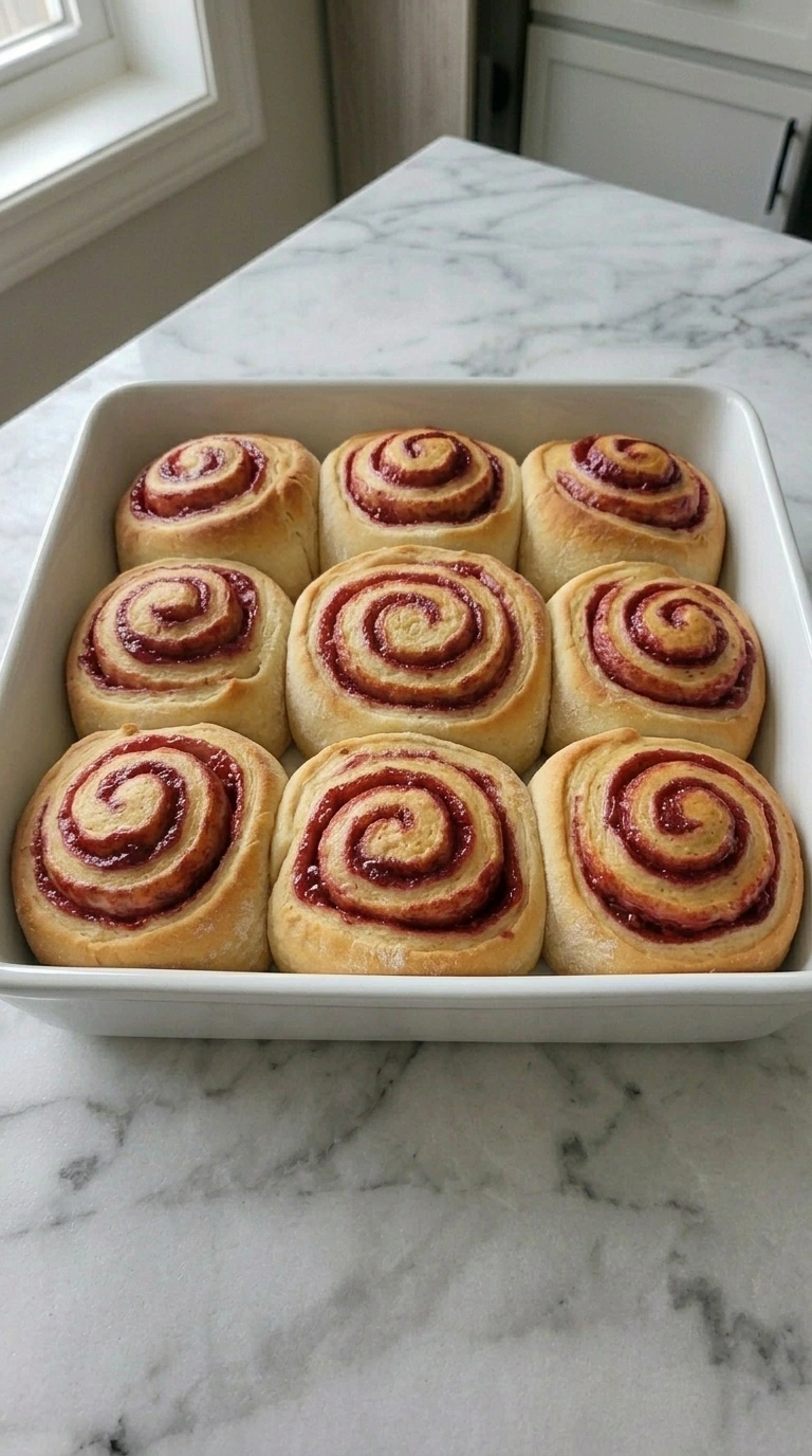 Nine golden baked raspberry rolls with visible ruby seams before glazing.