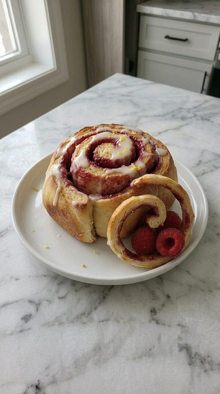 One glazed Raspberry Sweet Roll with fresh raspberries and lemon zest on a white plate.