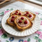 Four raspberry yogurt toast slices with pistachios and honey