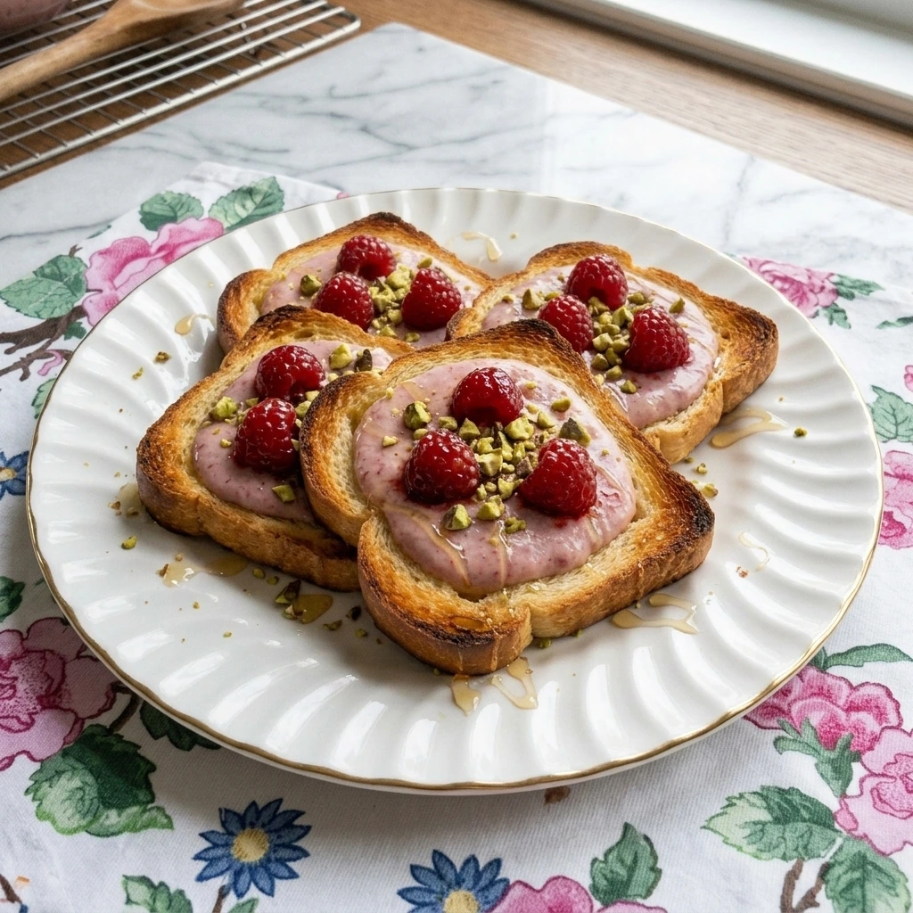 Four raspberry yogurt toast slices with pistachios and honey