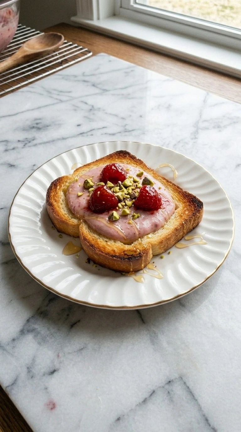 Single raspberry yogurt toast slice with pistachios and honey