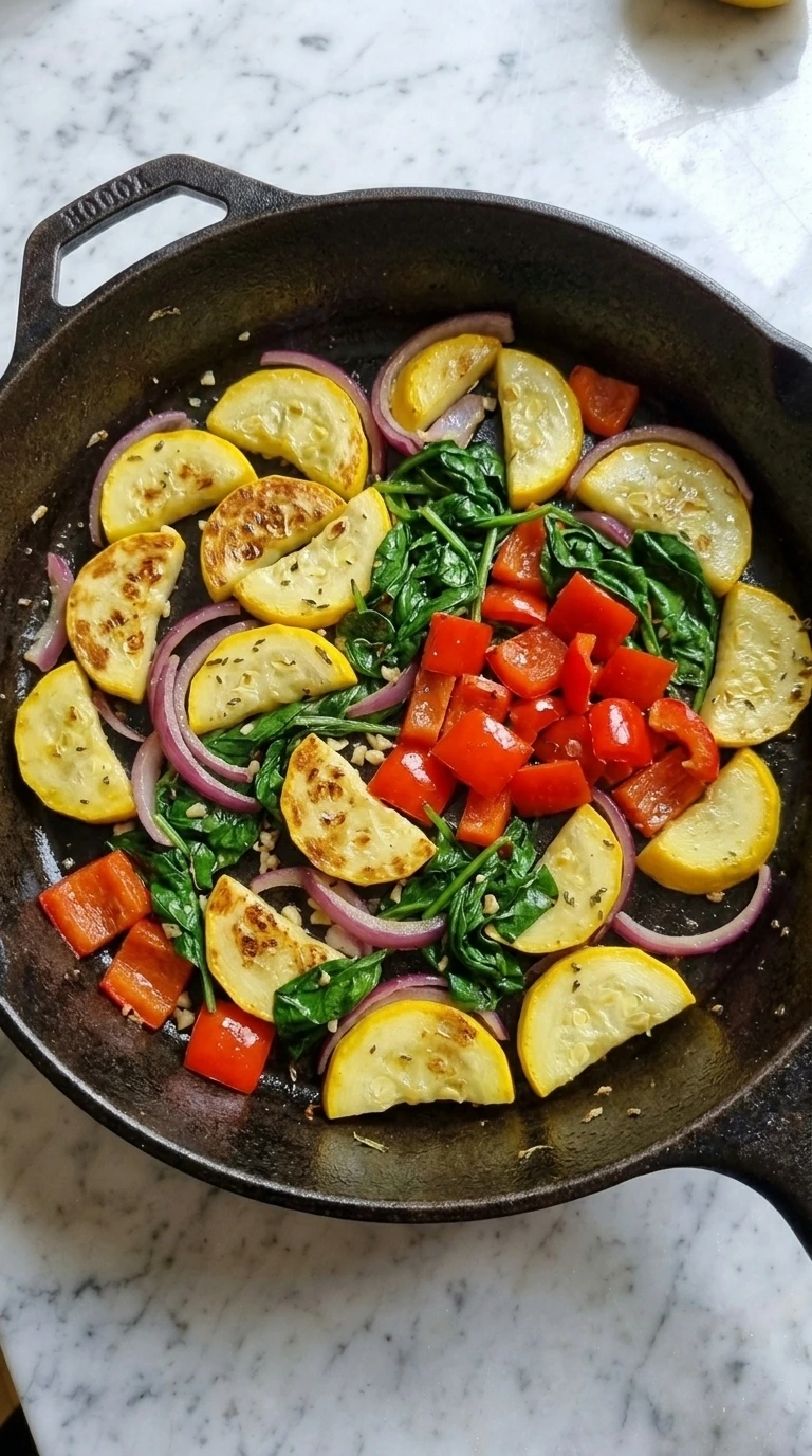 Patty pan squash, red bell pepper, red onion and spinach sautéing in a cast-iron skillet