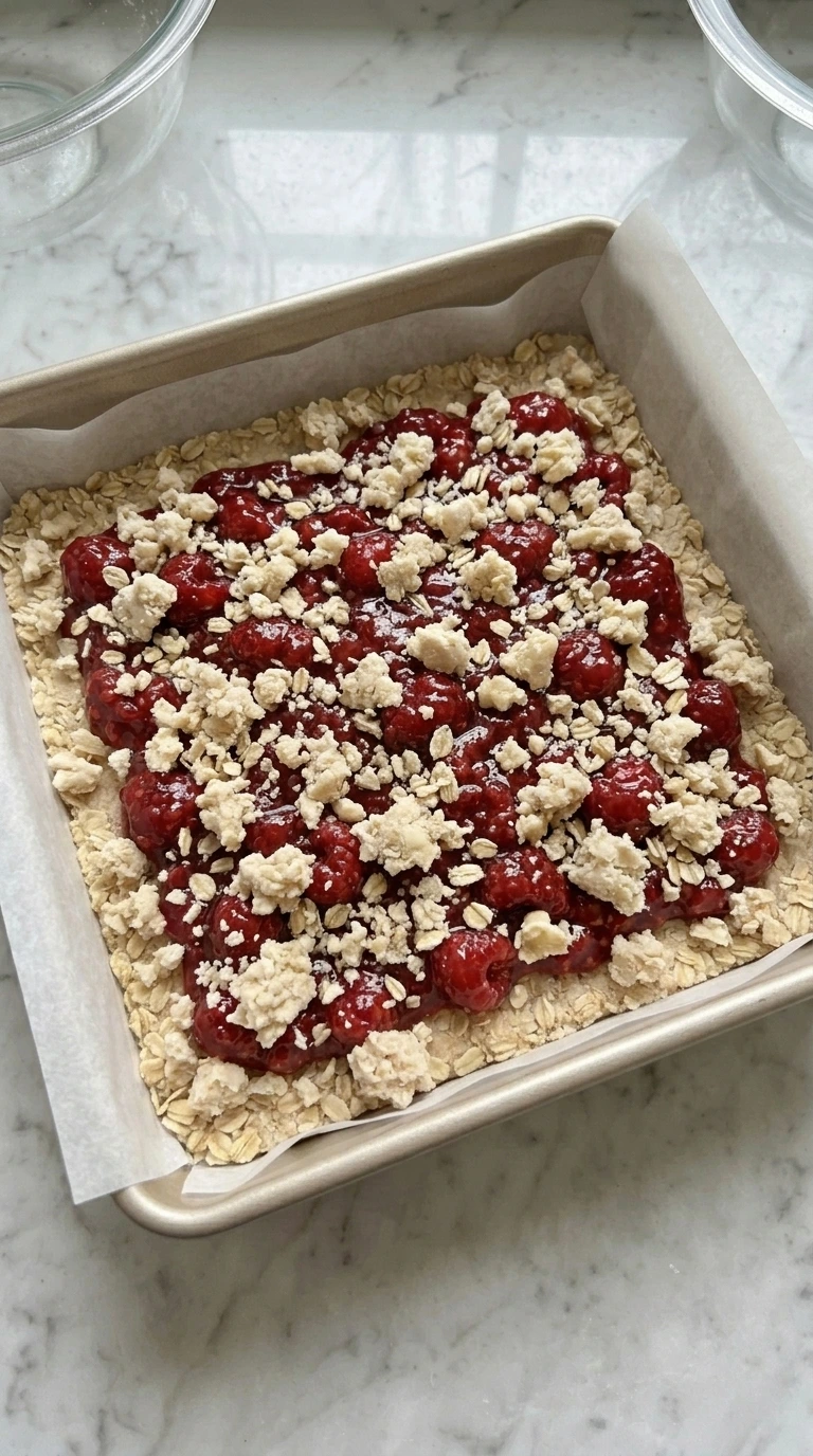 Irregular oat crumble scattered over raspberry filling.