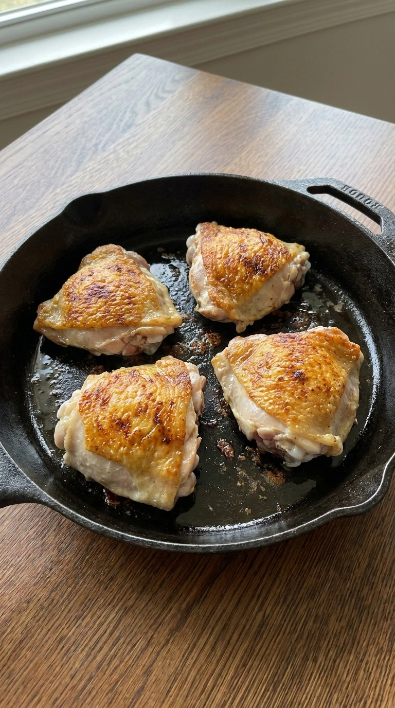 Four chicken thighs with deep golden skin in a cast-iron skillet