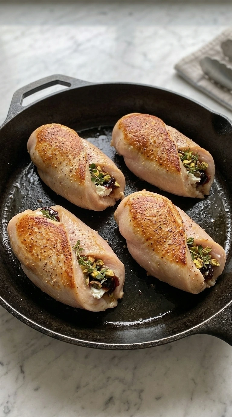 Four fig and goat cheese stuffed chicken breasts searing in a cast-iron skillet
