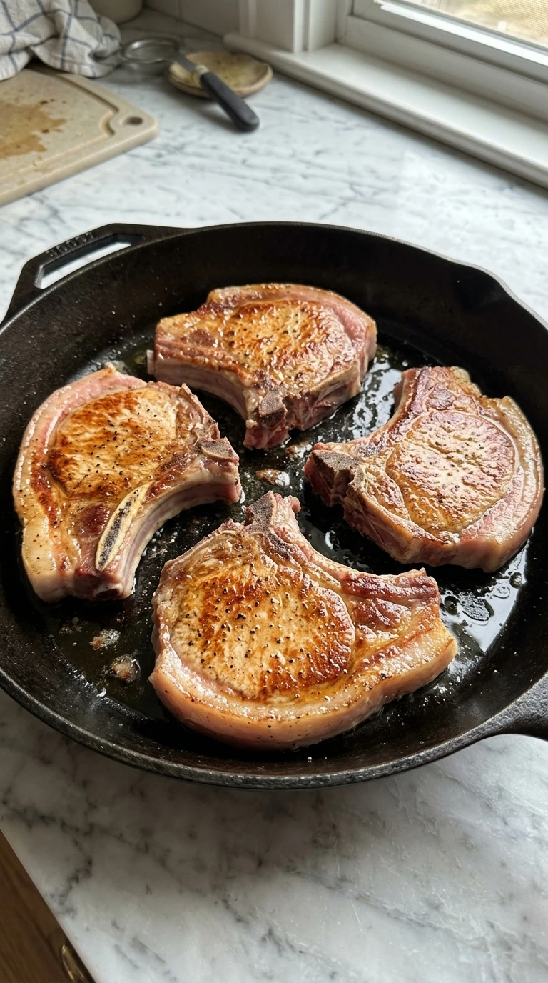 Four bone-in pork chops seared to a deep golden crust in a cast-iron skillet.