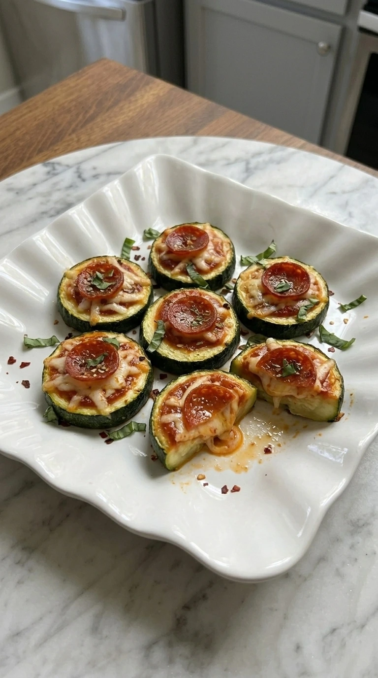 Six finished Zucchini Pizza Bites with basil and one bite cut open on a white plate.