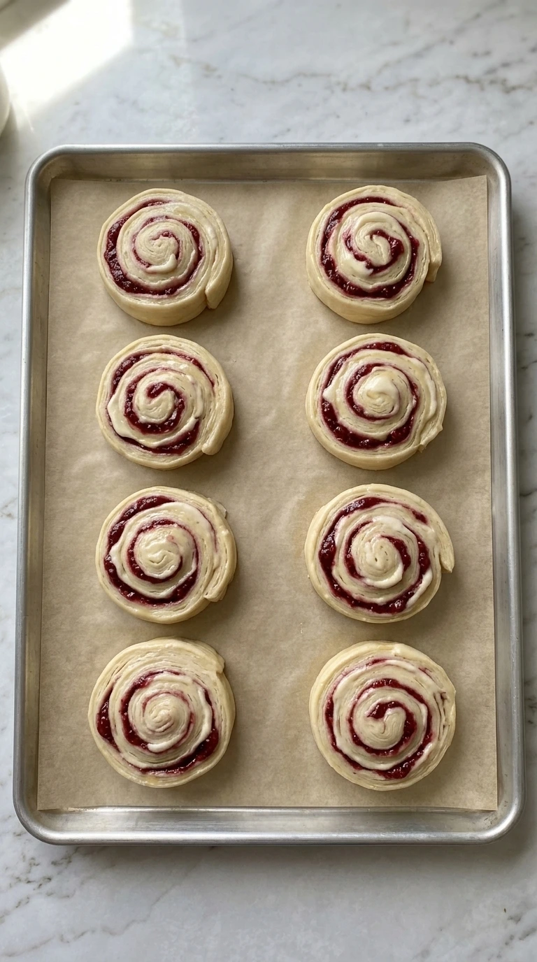 Eight unbaked Raspberry Danish spirals shaped on a sheet pan.