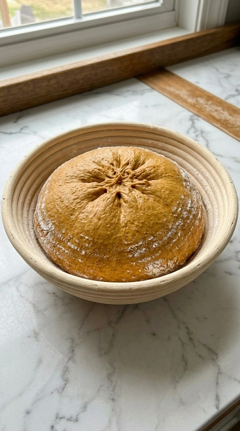 Shaped pumpkin sourdough boule cold proofing in a rice floured basket