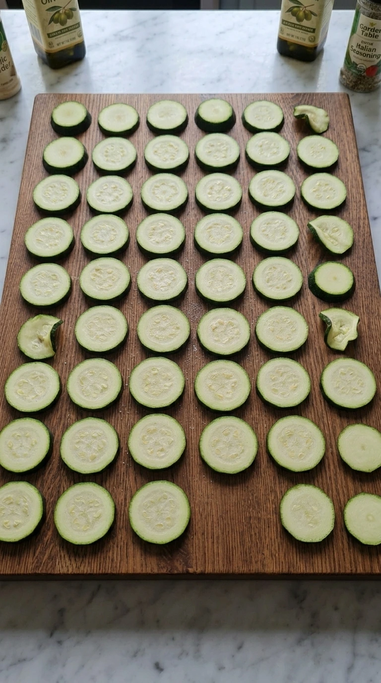 Forty-eight salted zucchini rounds dried before breading