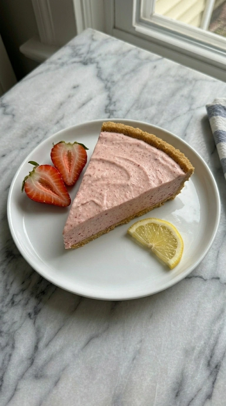 Slice of frozen strawberry lemonade pie with strawberry and lemon garnish