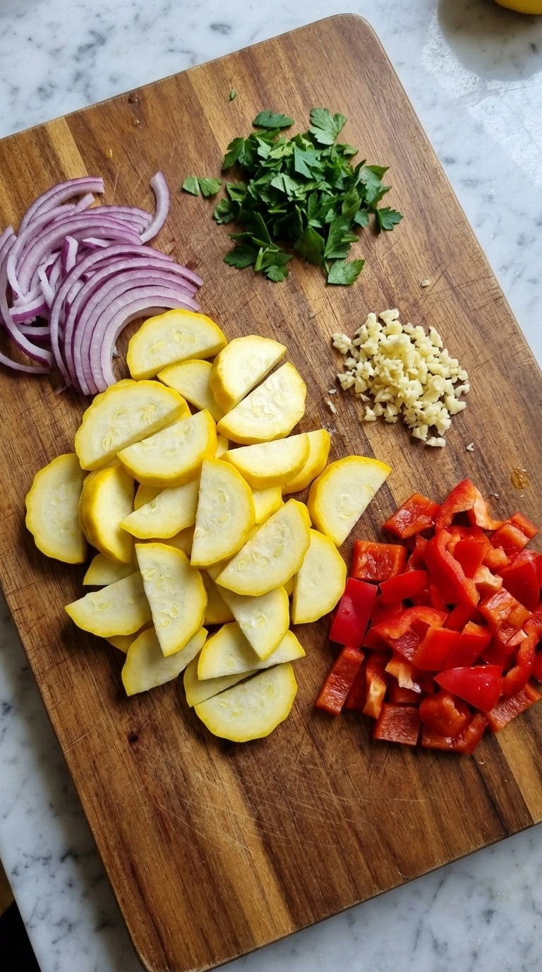 Sliced patty pan squash, red bell pepper, red onion, garlic and parsley on a cutting board