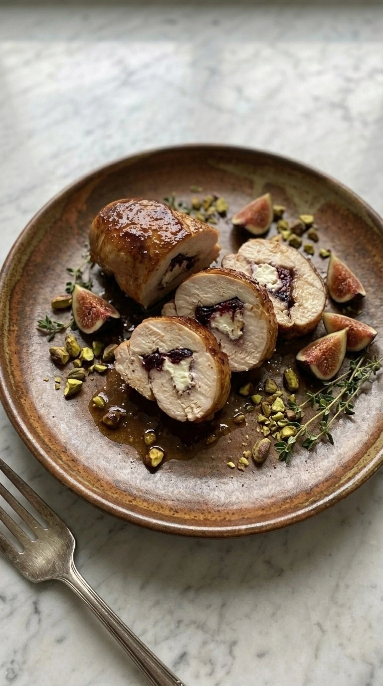 Sliced fig and goat cheese stuffed chicken showing the creamy filling