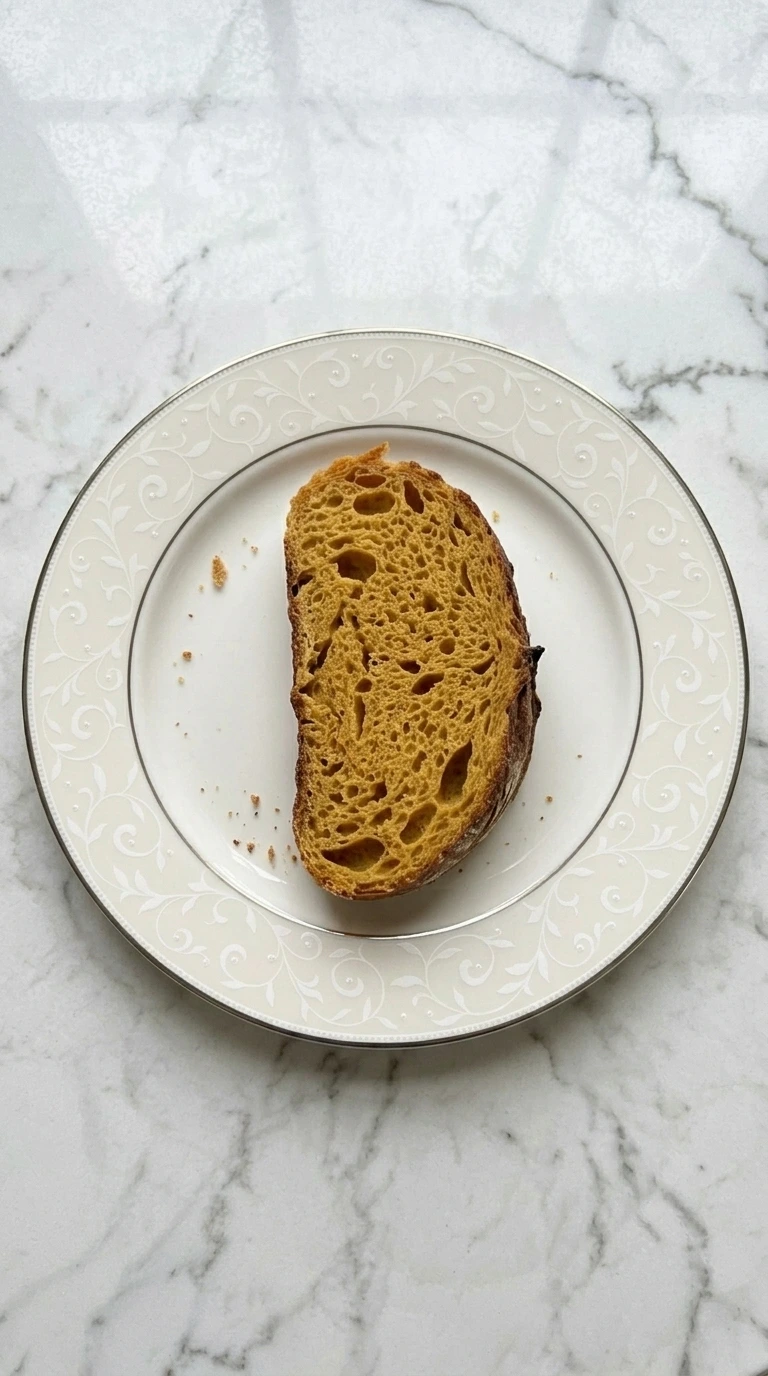 Single slice of pumpkin sourdough showing a soft orange open crumb