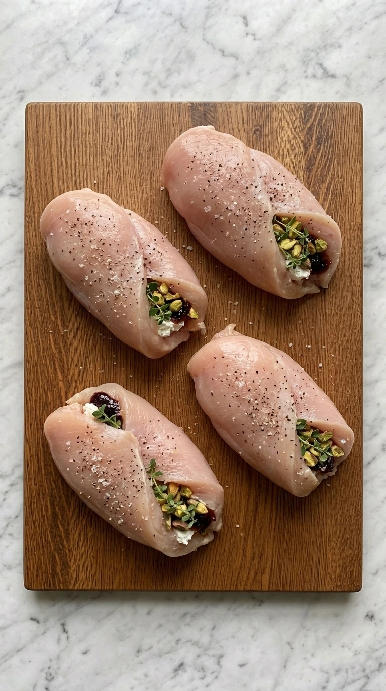 Four chicken breasts filled with goat cheese, fig preserves and pistachios