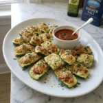 Golden Stuffed Zucchini Bites with melted mozzarella, Parmesan, parsley and tomato basil marinara.