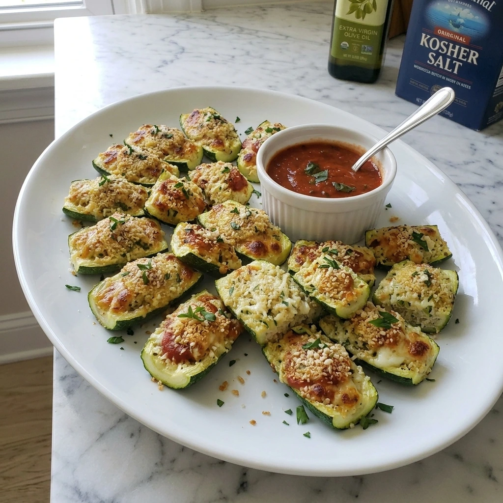 Golden Stuffed Zucchini Bites with melted mozzarella, Parmesan, parsley and tomato basil marinara.