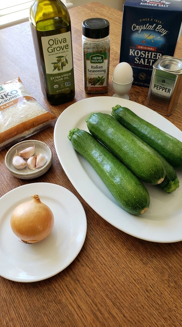 Ingredients for Stuffed Zucchini Bites including zucchini, panko, mozzarella, Parmesan, herbs and marinara.