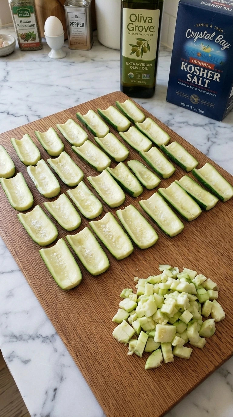 Twenty-four zucchini boat bites cut, hollowed, salted and blotted before filling.