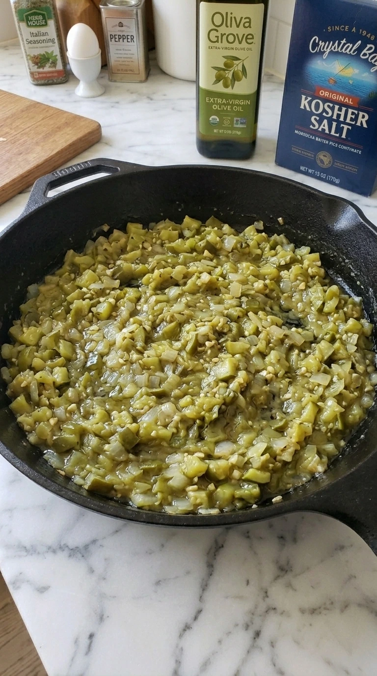 Chopped zucchini centers, yellow onion and garlic cooked until nearly dry for the filling.