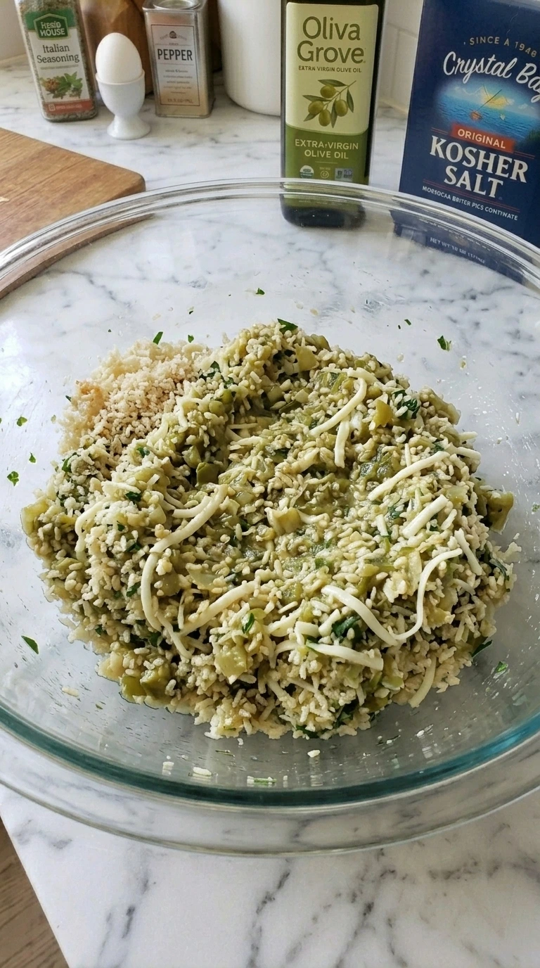 Cheesy panko filling mixed with zucchini, mozzarella, Parmesan, egg and parsley.