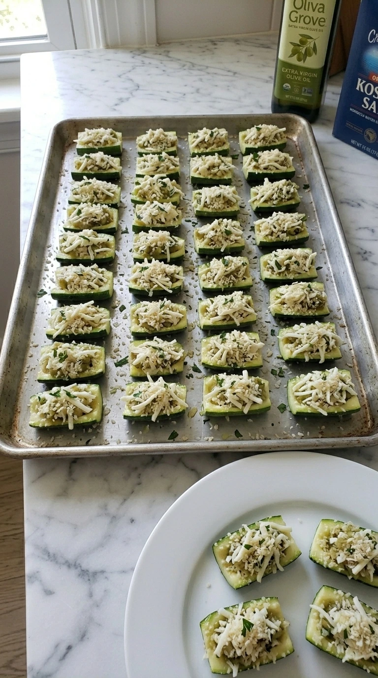 Twenty-four zucchini shells filled with cheesy panko mixture before baking.