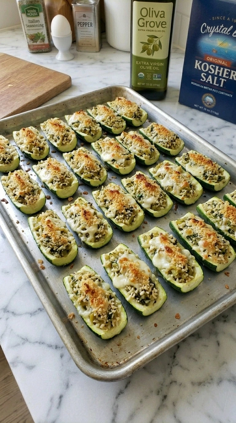 Stuffed Zucchini Bites baked until the panko is golden and the mozzarella is melted.