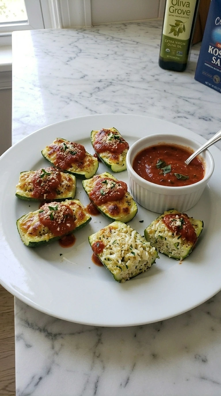 Six plated Stuffed Zucchini Bites with one cut open and tomato basil marinara for dipping.