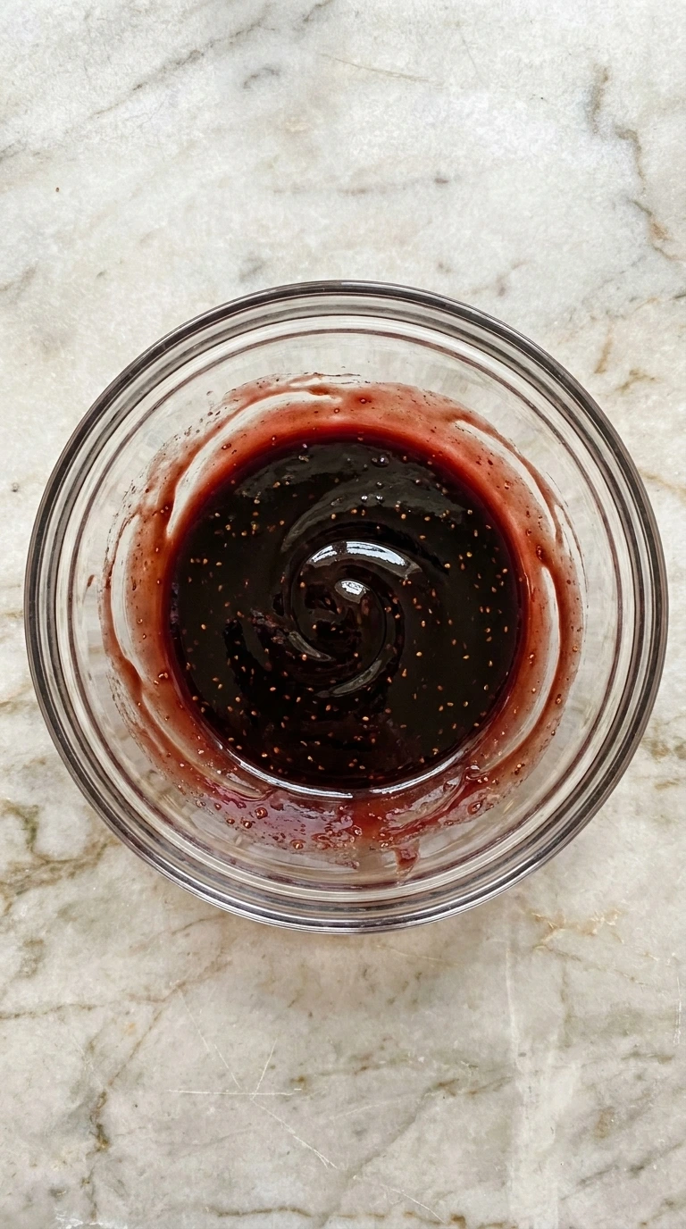 Dark ruby balsamic fig glaze whisked smooth in a glass bowl