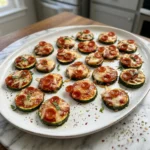 Zucchini Pizza Bites with melted mozzarella, mini turkey pepperoni and basil on a white platter.