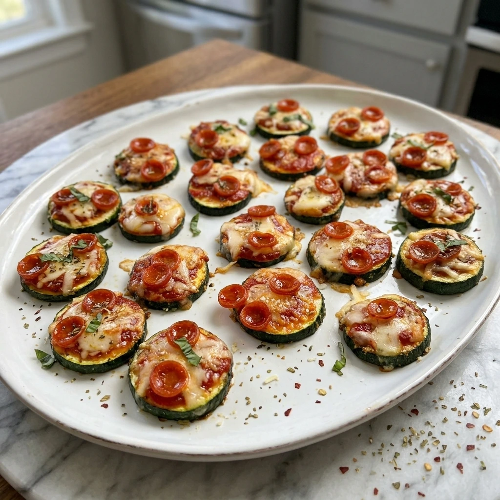 Zucchini Pizza Bites with melted mozzarella, mini turkey pepperoni and basil on a white platter.