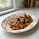 Apple Butter Pork Chops with glossy apple butter glaze and caramelized onions on a plate