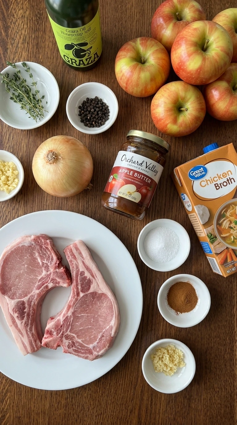 Apple Butter Pork Chops ingredients including pork chops apples onions and spices