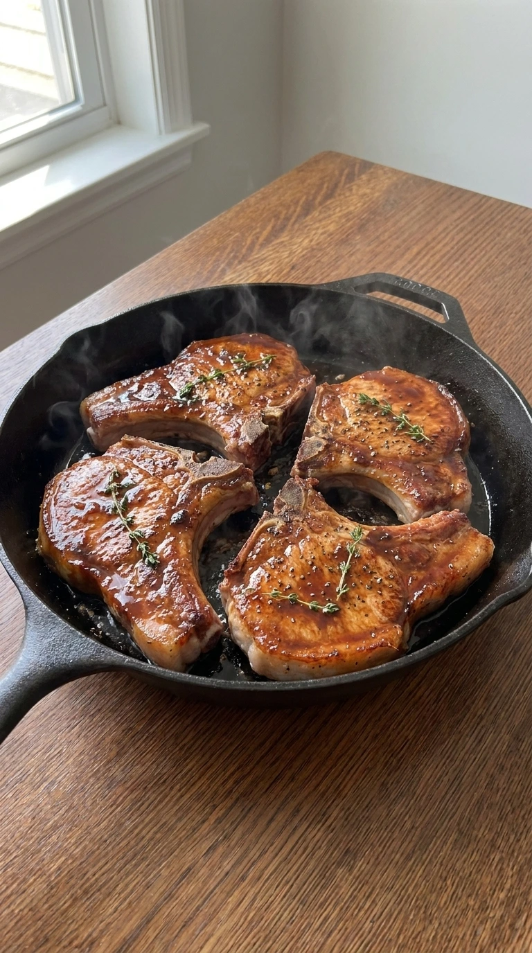 Apple Butter Pork Chops pork chops searing with golden crust in skillet