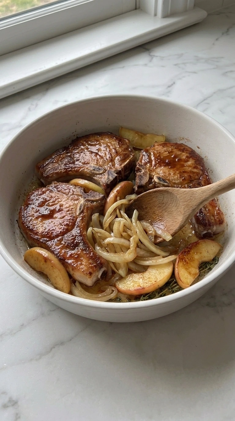 Apple Butter Pork Chops with softened apples and onions cooking together