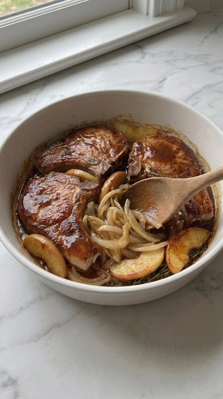 Apple Butter Pork Chops with thick glossy apple butter sauce forming
