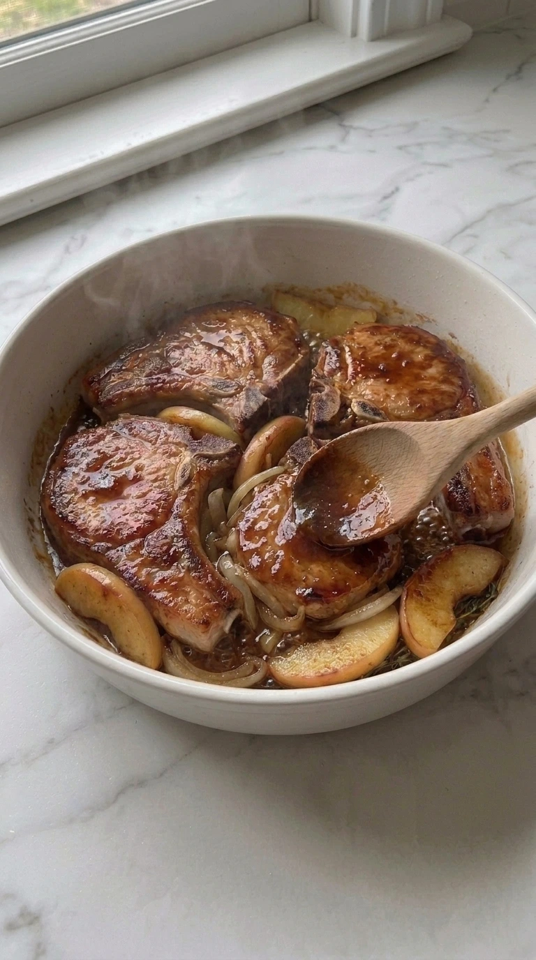 Apple Butter Pork Chops plated with glossy sauce and juicy pork interior