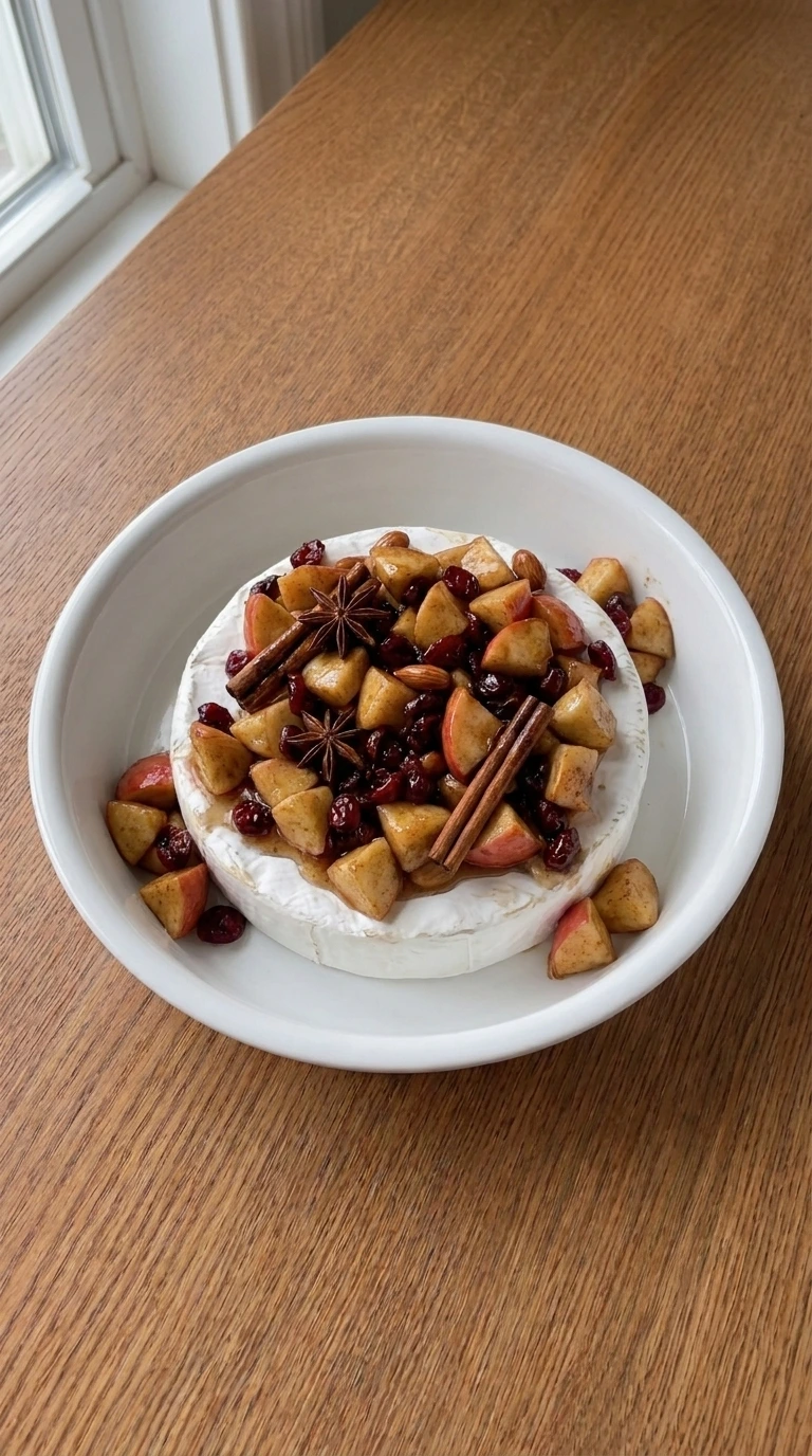 Apple Cranberry Baked Brie layered before baking