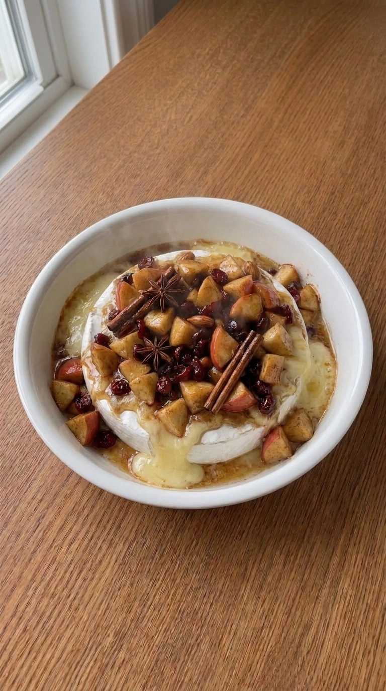 Apple Cranberry Baked Brie melting in baking dish