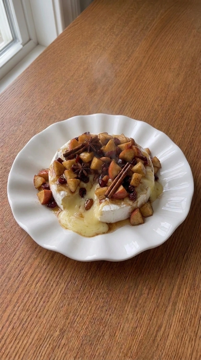 Apple Cranberry Baked Brie serving portion with melted cheese