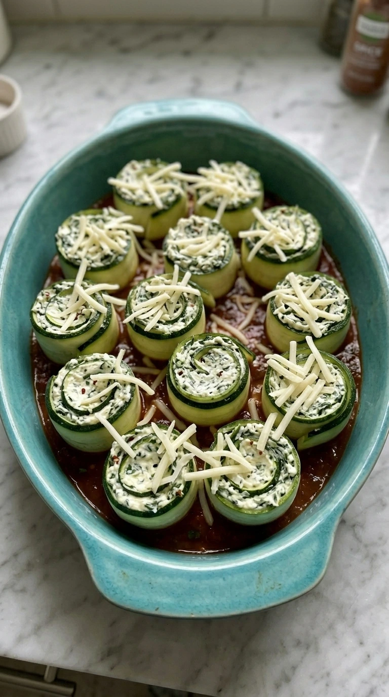 Twelve assembled zucchini roll-ups in marinara before baking