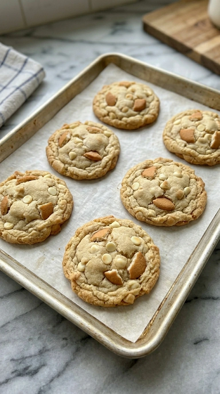 Six thick banana pudding cookies baked with golden edges on an aluminum sheet pan